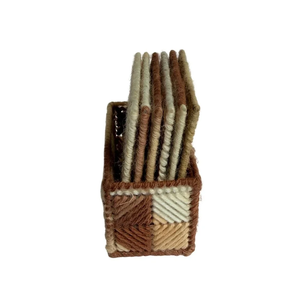 Vintage Handmade Plastic Canvas Coaster Set 7pc Brown Tan Geometric Boho Decor